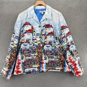 Coldwater Creek Blazer Womens Large Blue Multi Watercolor Scene Linen Blend Work